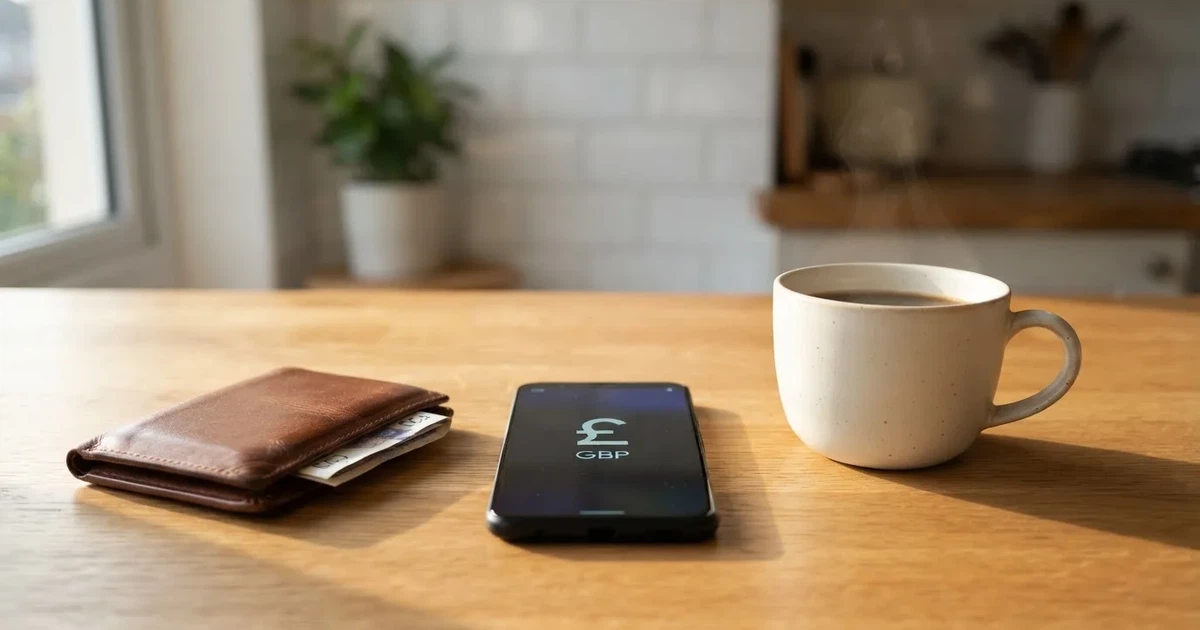 A smartphone on a wooden table beside a wallet and a coffee cup