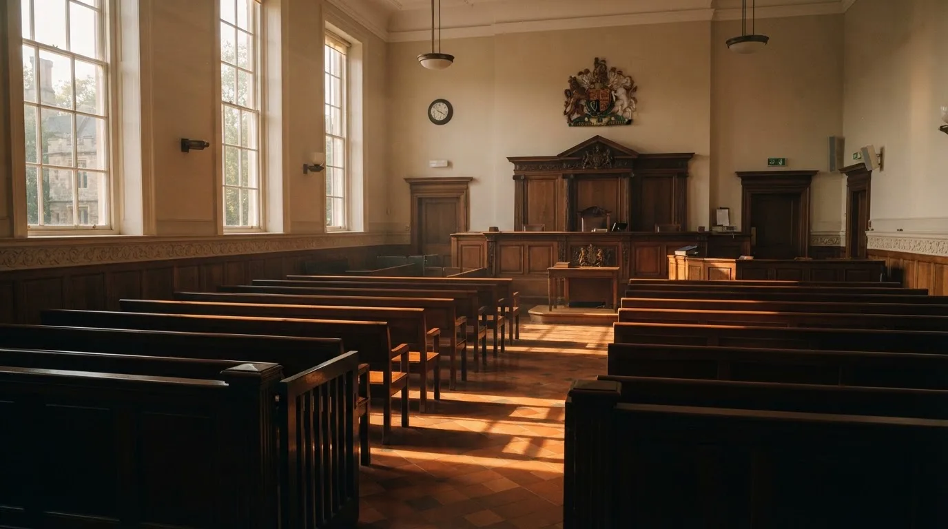 An empty courtroom with wooden benches in morning light