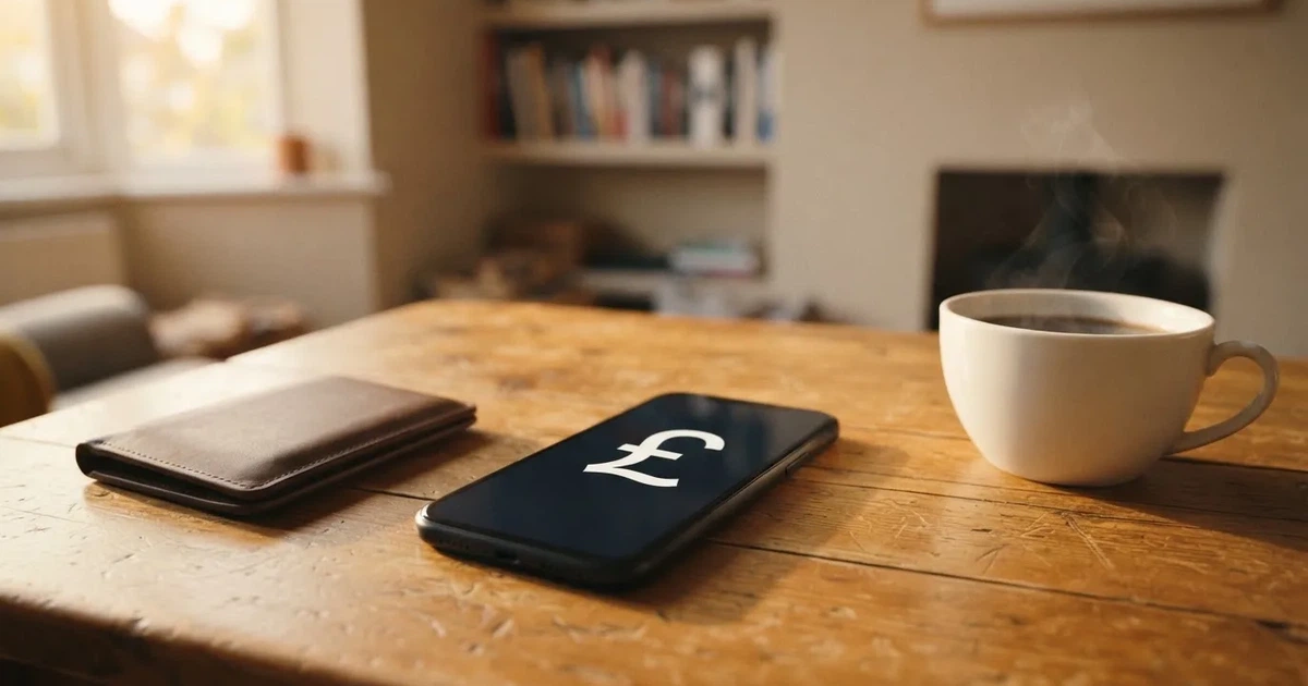 A smartphone on a wooden table beside a wallet and a coffee cup