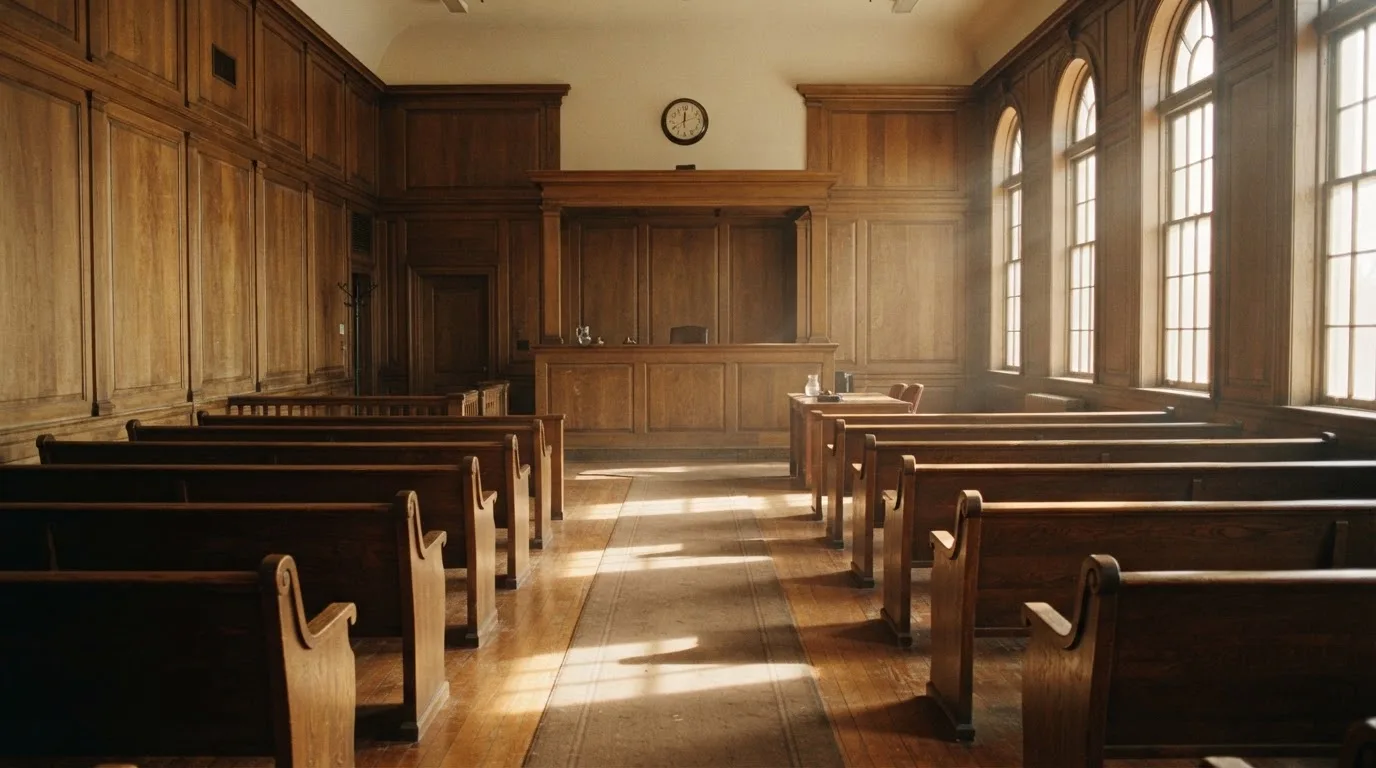 An empty courtroom with wooden benches in morning light