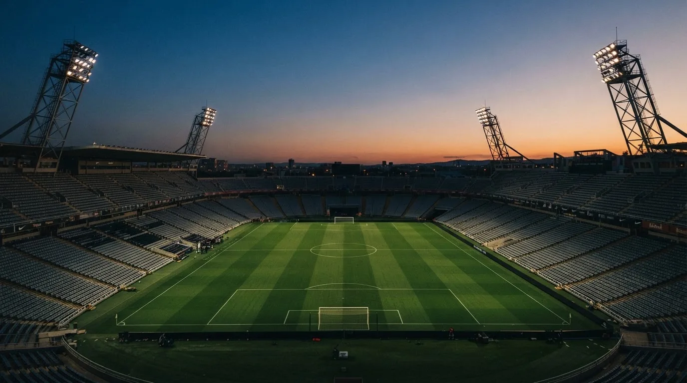 An empty football stadium with floodlight masts at dusk