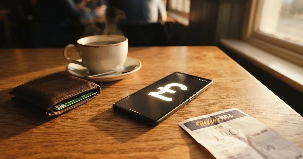 A smartphone on a wooden table beside a wallet and a coffee cup