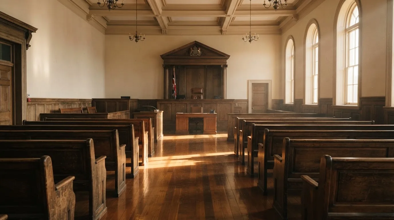 An empty courtroom with wooden benches in morning light