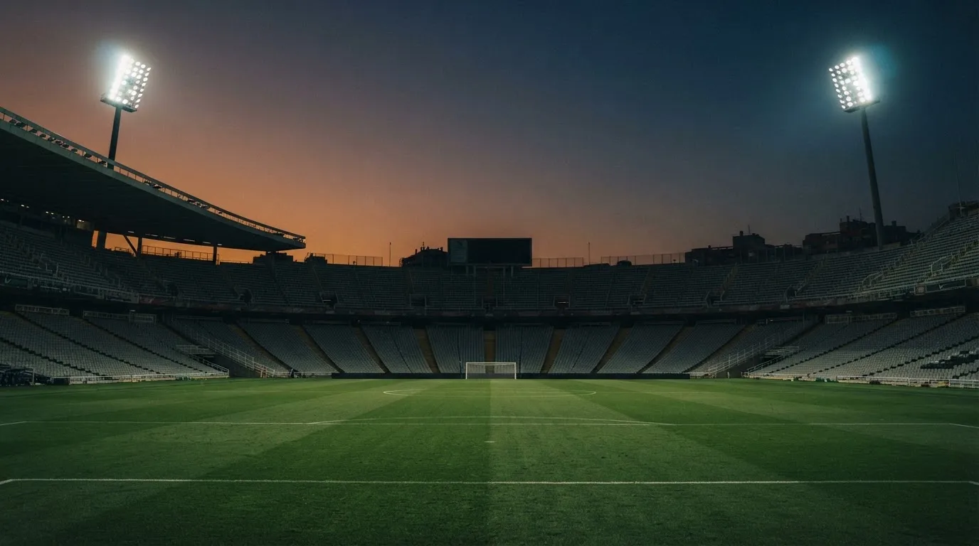 An empty football stadium with floodlight masts at dusk