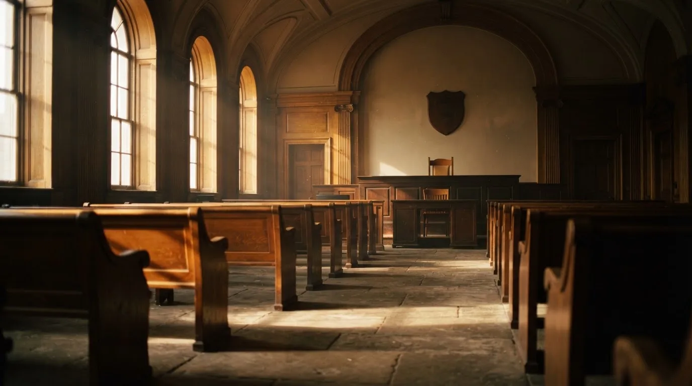 An empty courtroom with wooden benches in morning light