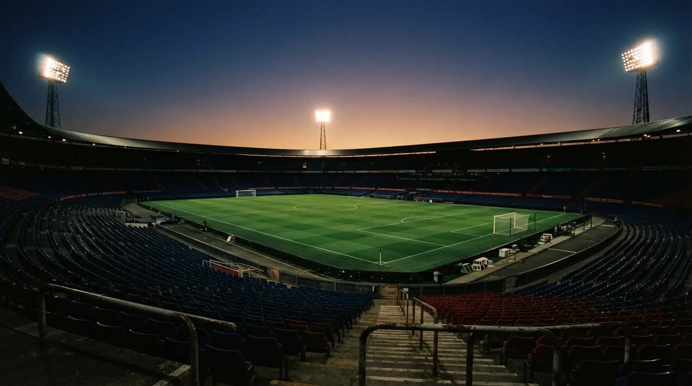 An empty football stadium with floodlight masts at dusk