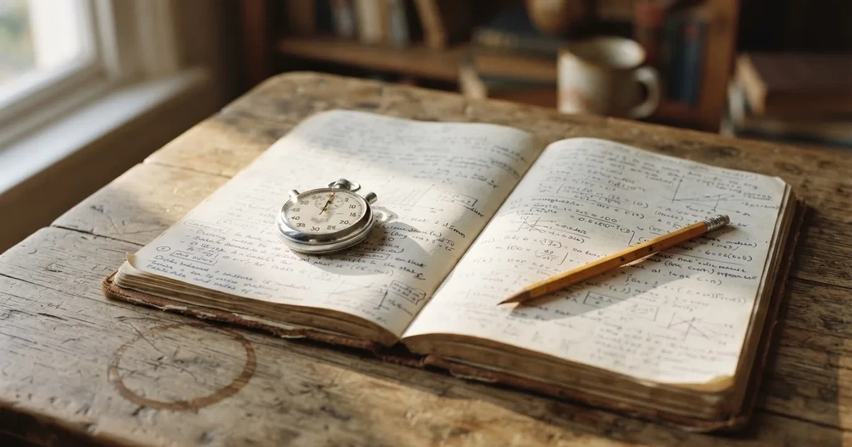 An open notebook with a pencil and a stopwatch on a wooden table