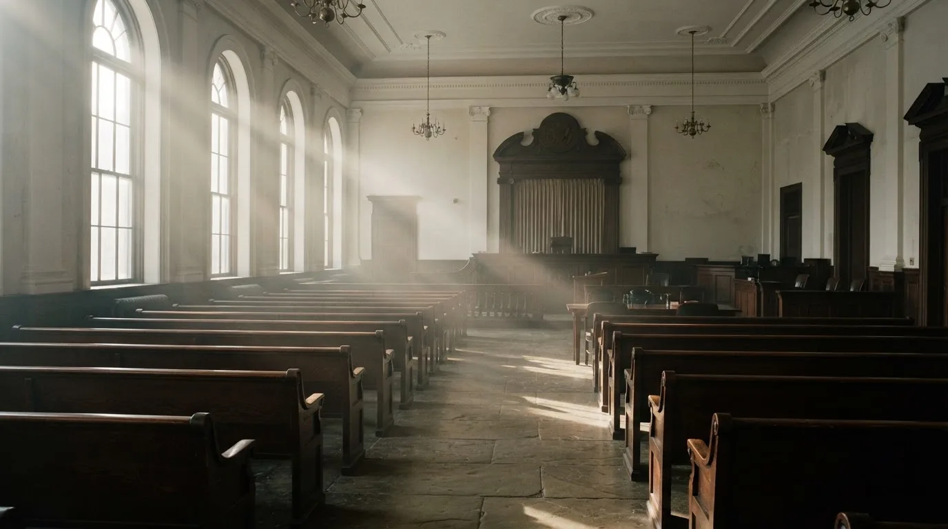 An empty courtroom with wooden benches in morning light