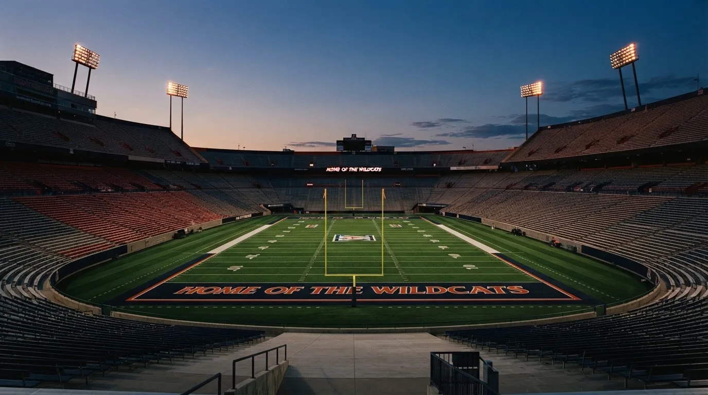 An empty football stadium with floodlight masts at dusk