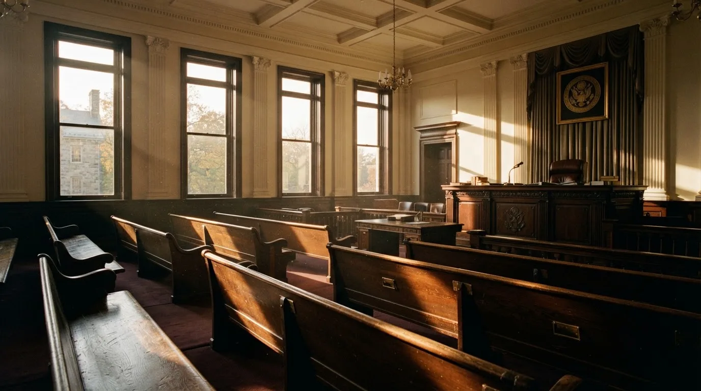 An empty courtroom with wooden benches in morning light