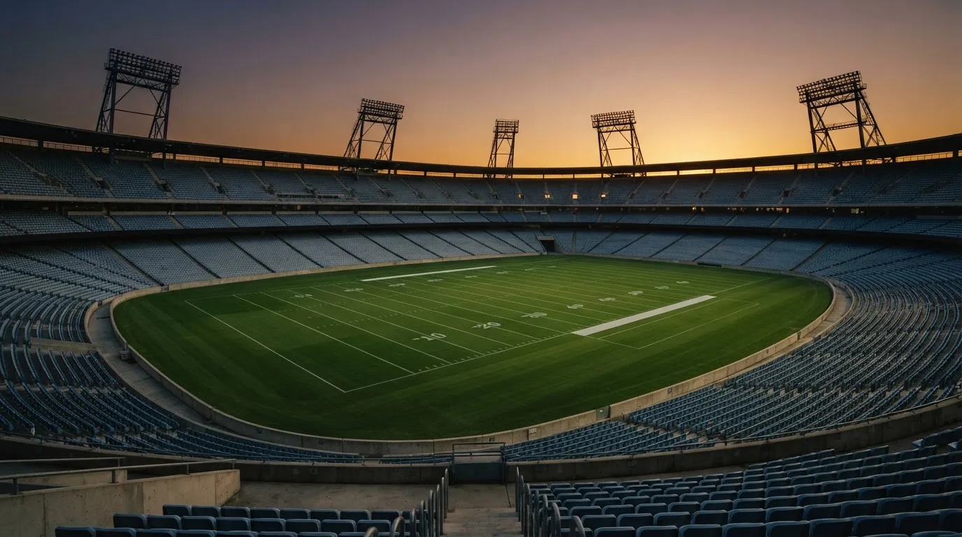 An empty football stadium with floodlight masts at dusk