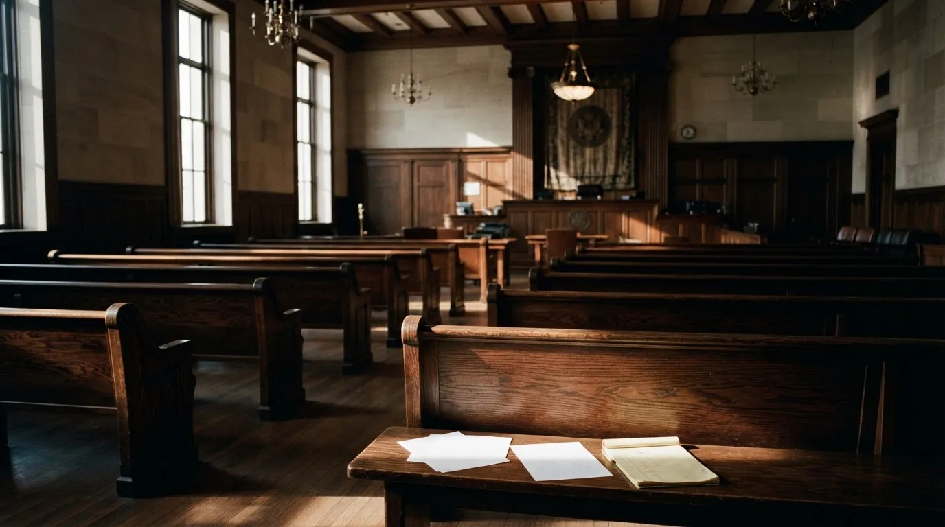An empty courtroom with wooden benches in morning light