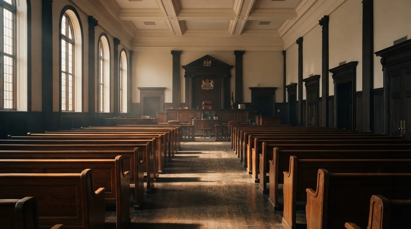 An empty courtroom with wooden benches in morning light