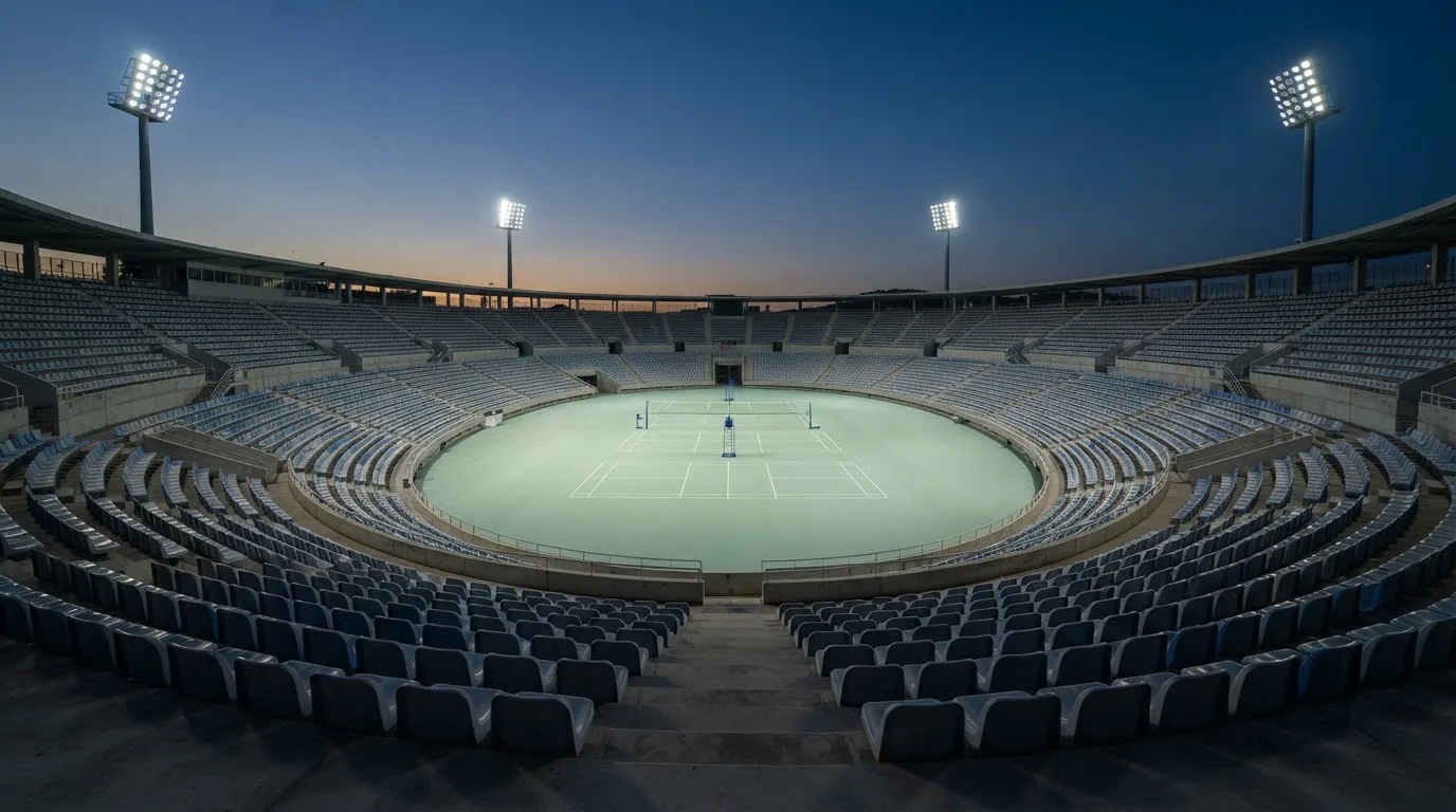 An empty football stadium with floodlight masts at dusk