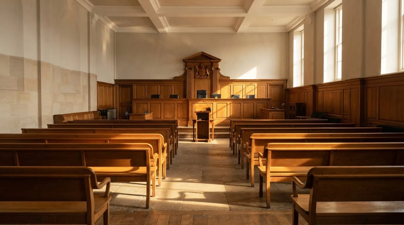 An empty courtroom with wooden benches in morning light