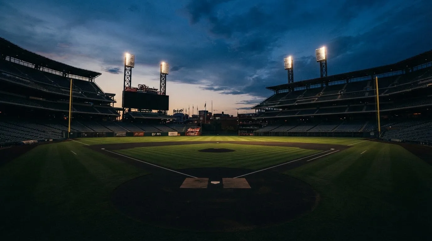 An empty football stadium with floodlight masts at dusk