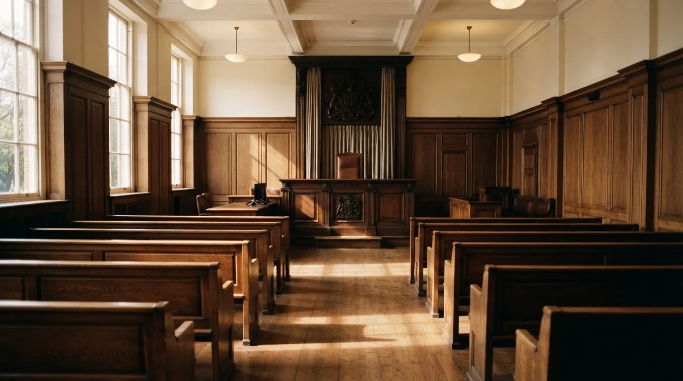 An empty courtroom with wooden benches in morning light