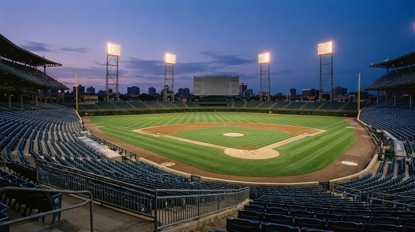 An empty football stadium with floodlight masts at dusk
