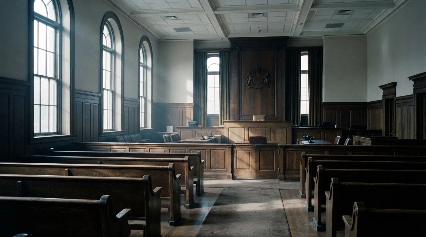 An empty courtroom with wooden benches in morning light