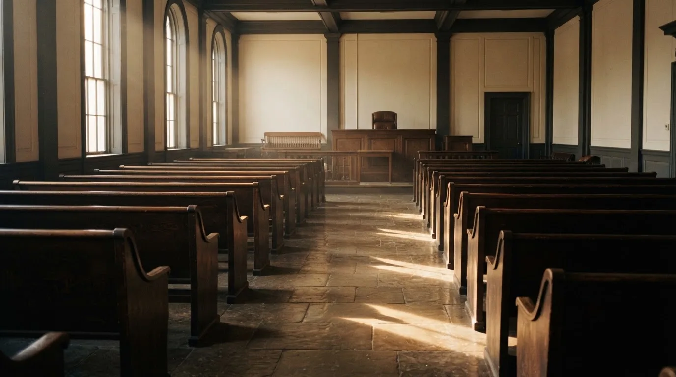 An empty courtroom with wooden benches in morning light