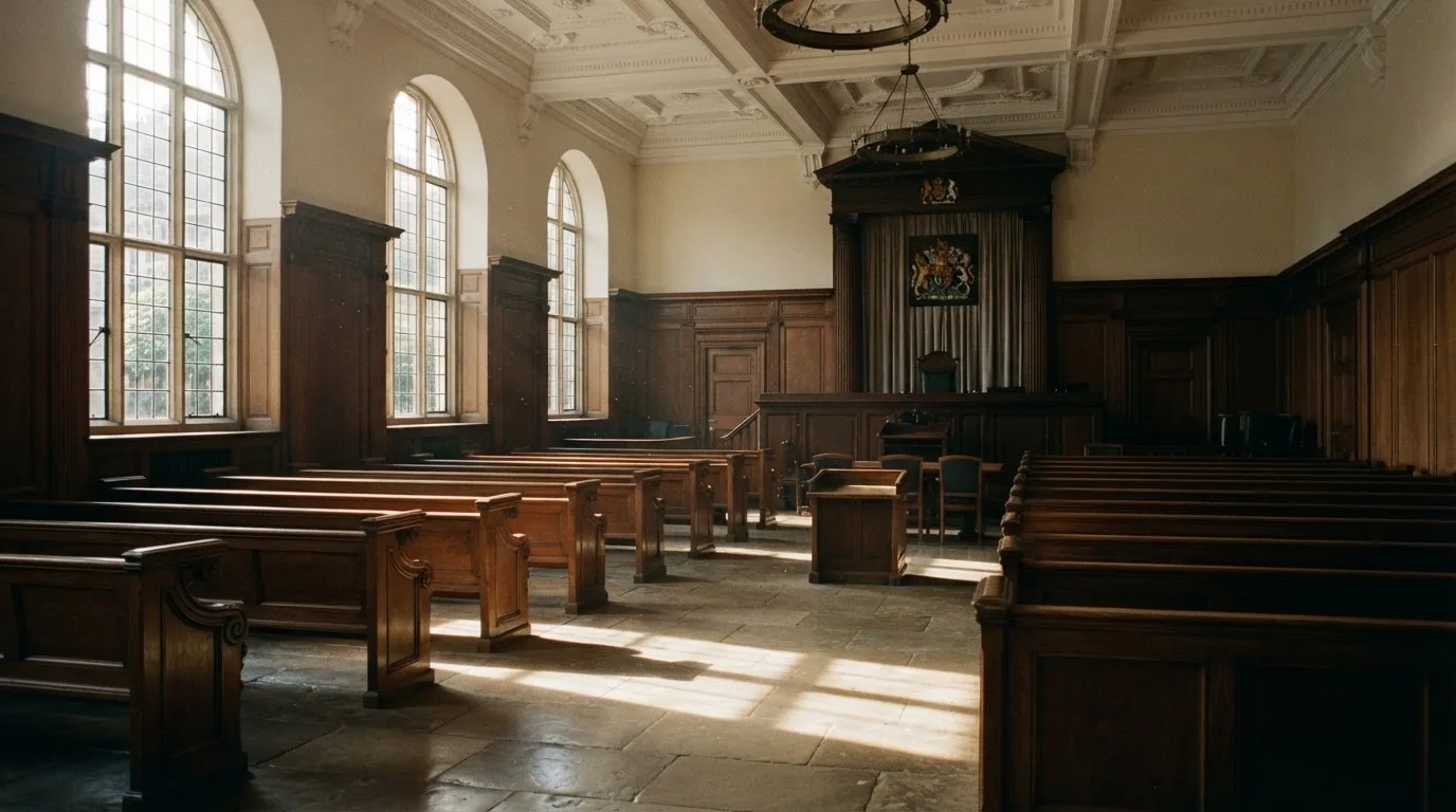 An empty courtroom with wooden benches in morning light