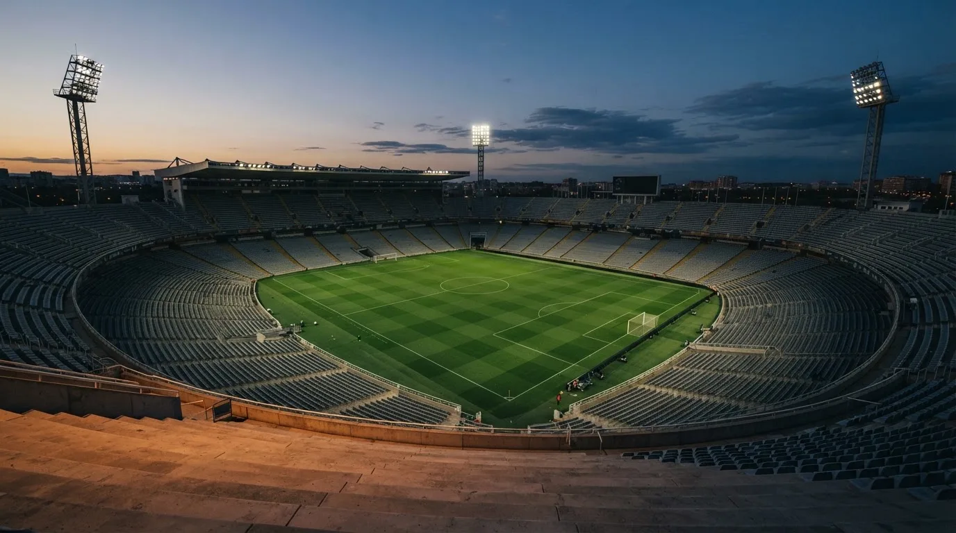 An empty football stadium with floodlight masts at dusk