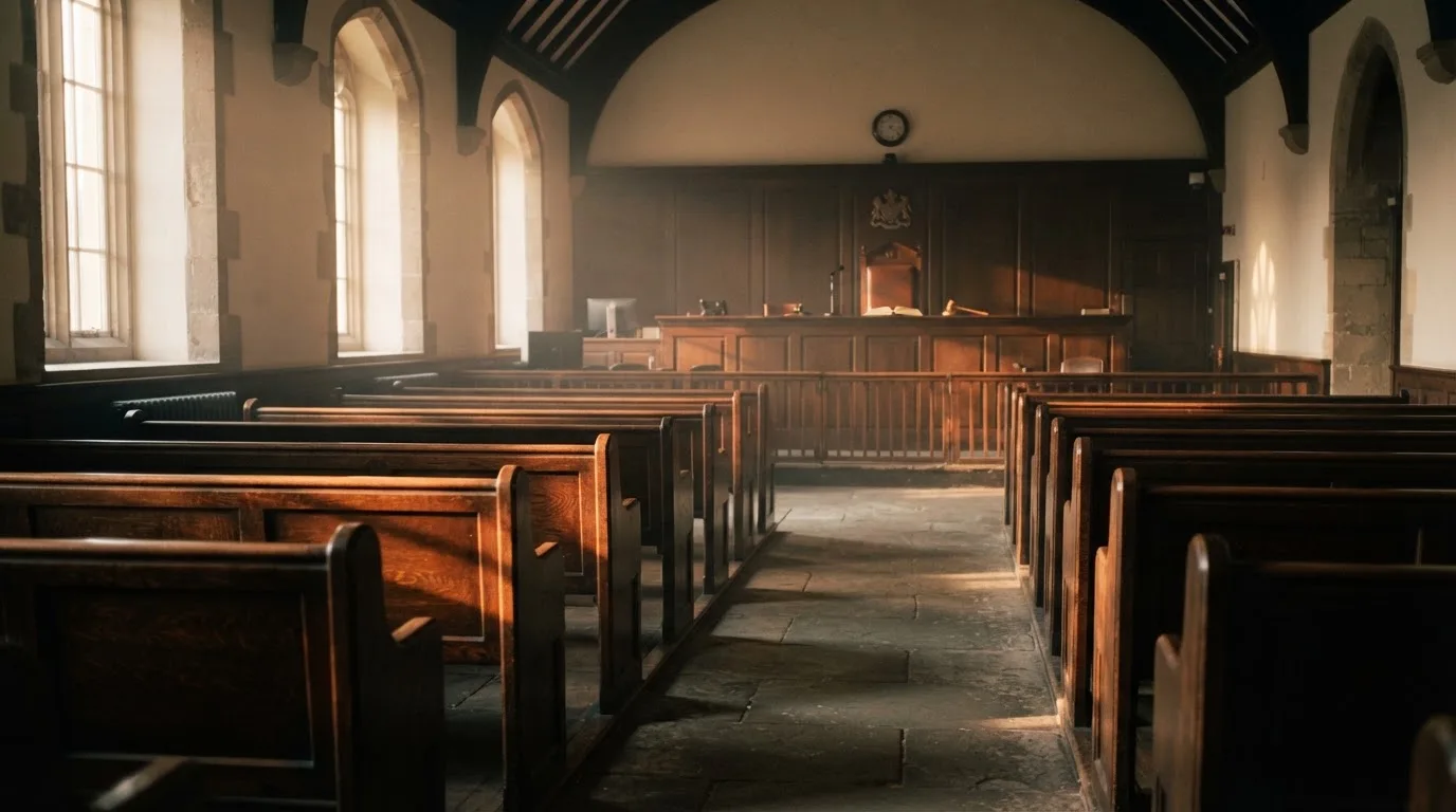 An empty courtroom with wooden benches in morning light