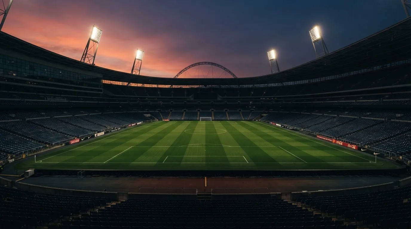 An empty football stadium with floodlight masts at dusk