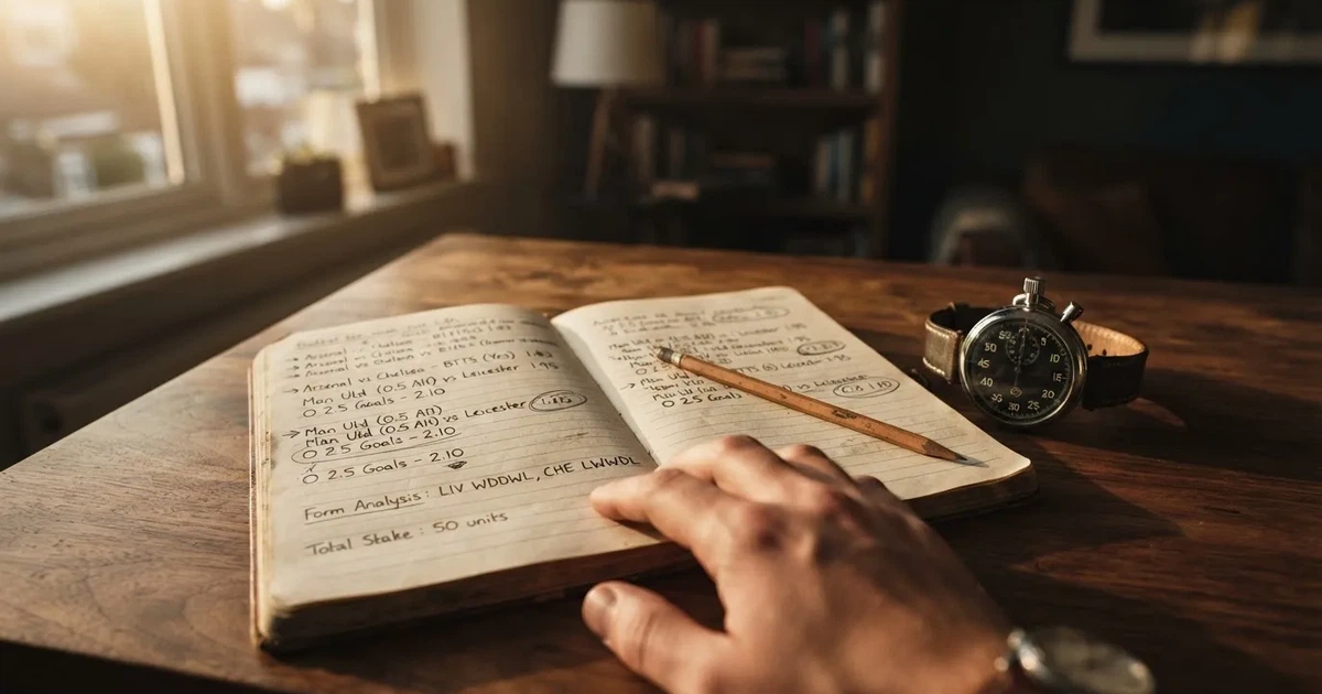 An open notebook with a pencil and a stopwatch on a wooden table