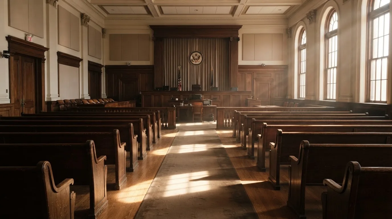 An empty courtroom with wooden benches in morning light