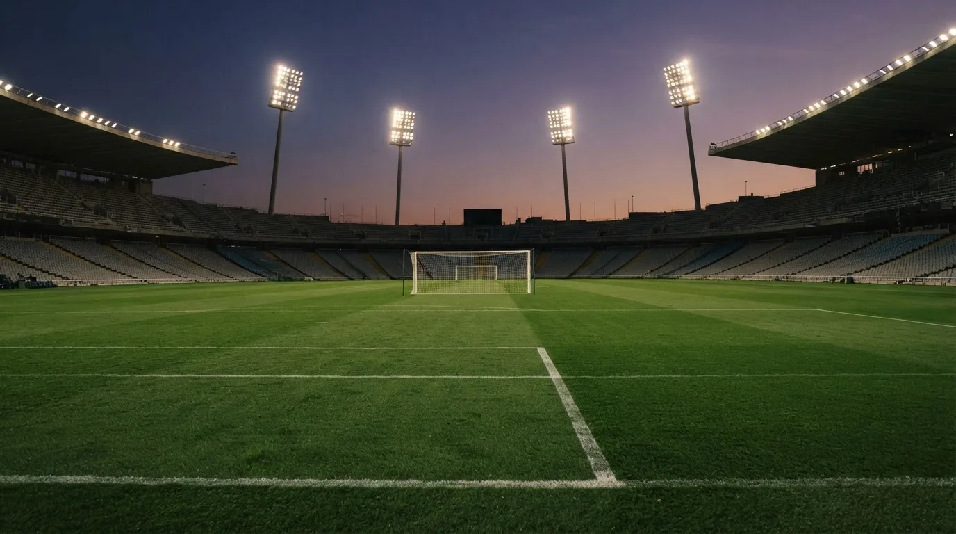 An empty football stadium with floodlight masts at dusk