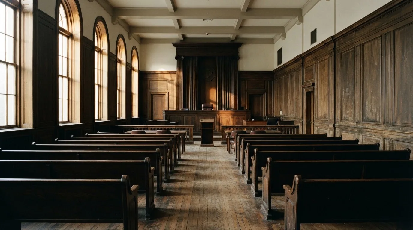 An empty courtroom with wooden benches in morning light