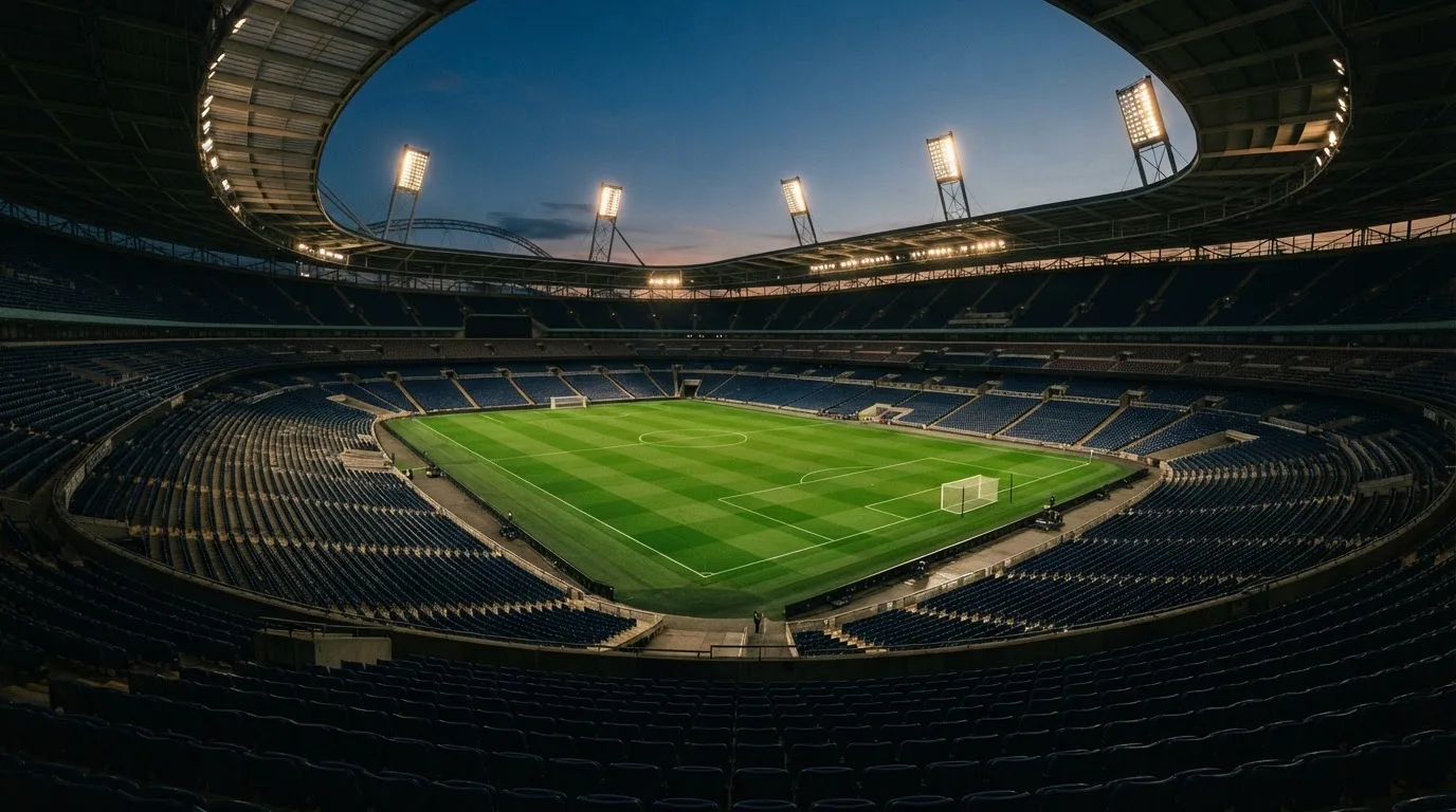 An empty football stadium with floodlight masts at dusk