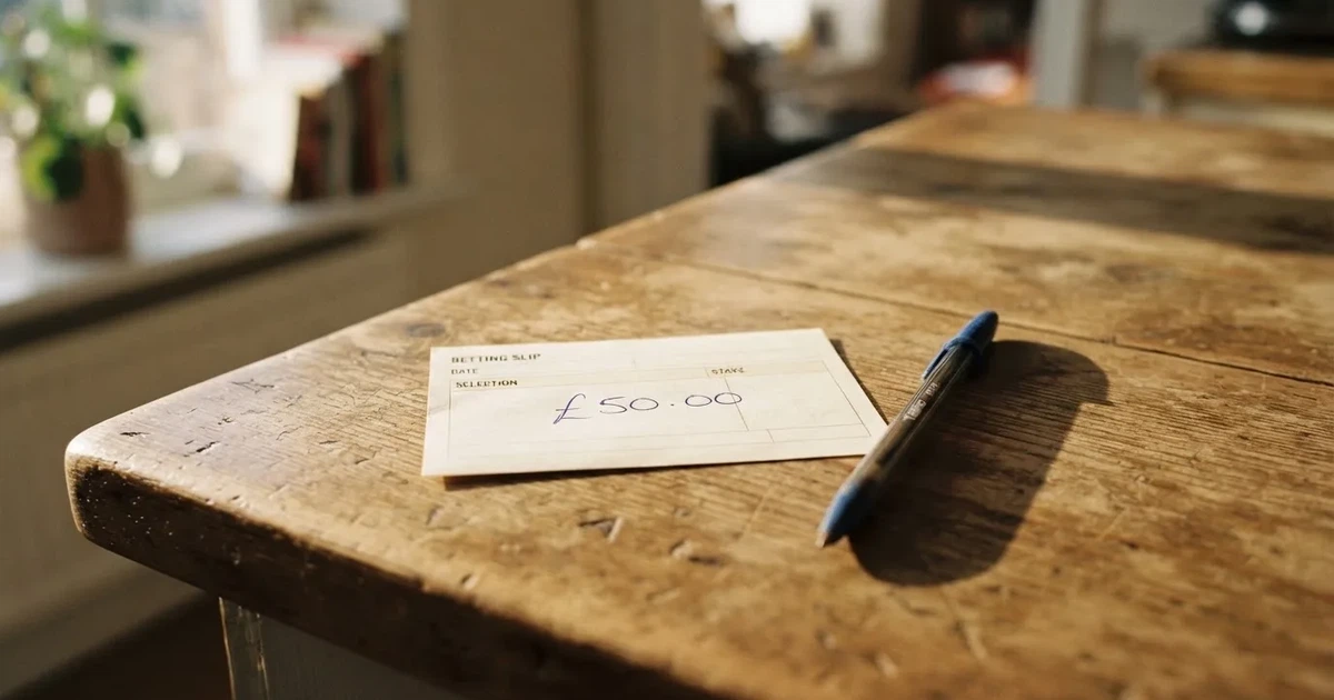 A blank paper betting slip beside a pen on a wooden counter