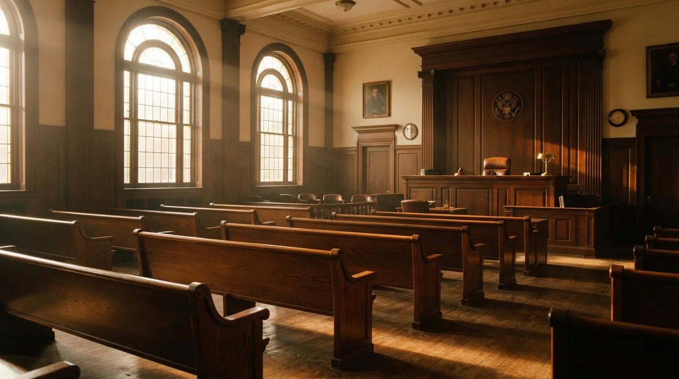 An empty courtroom with wooden benches in morning light