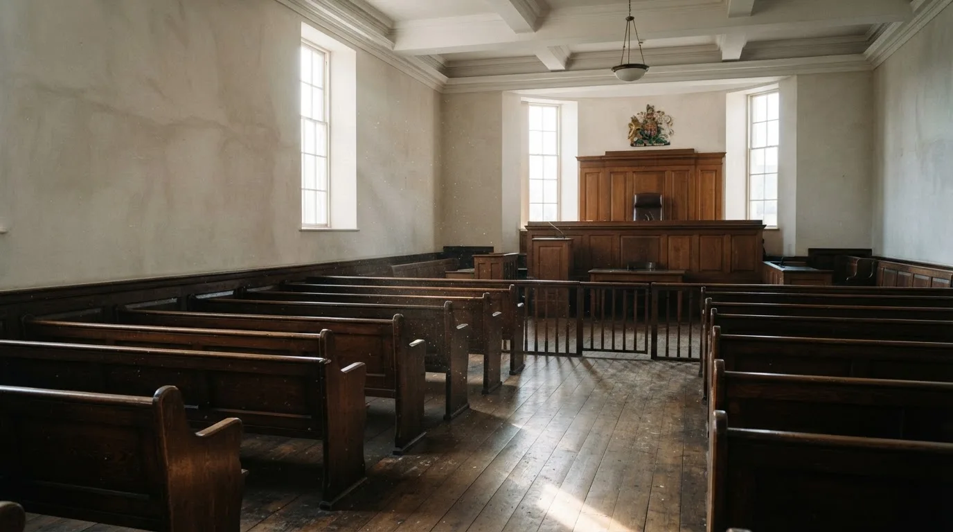 An empty courtroom with wooden benches in morning light