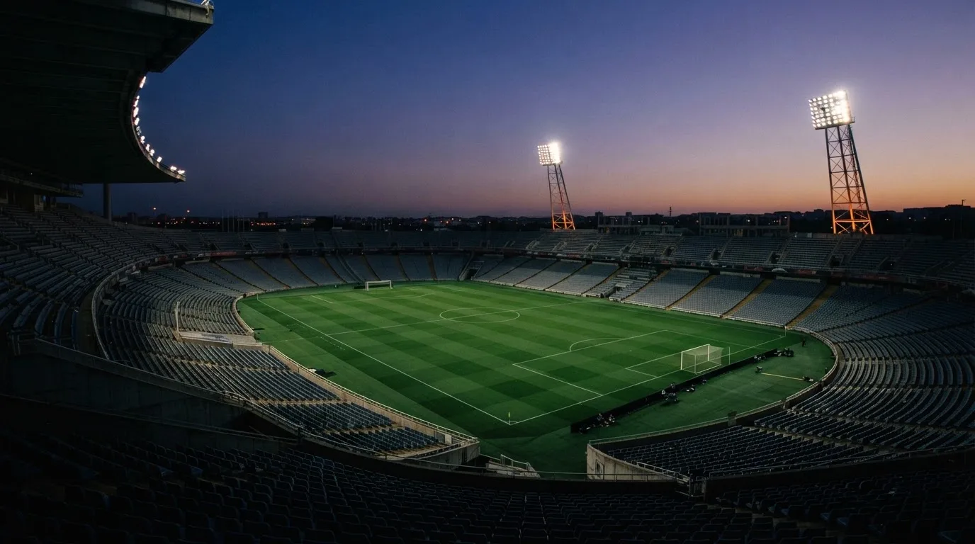 An empty football stadium with floodlight masts at dusk