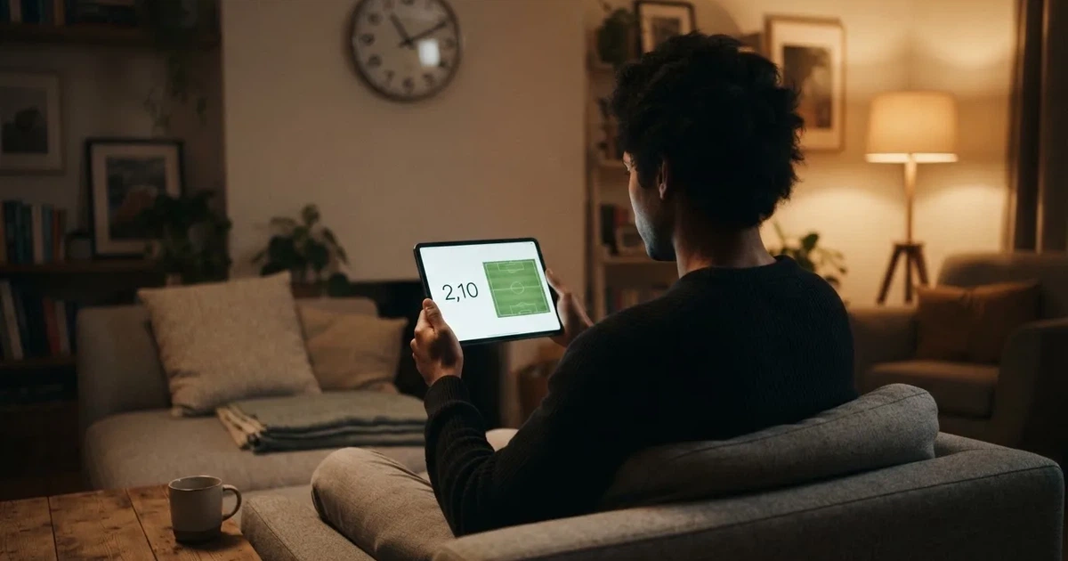 A person on a sofa looking thoughtfully at a tablet, a wall clock in the background