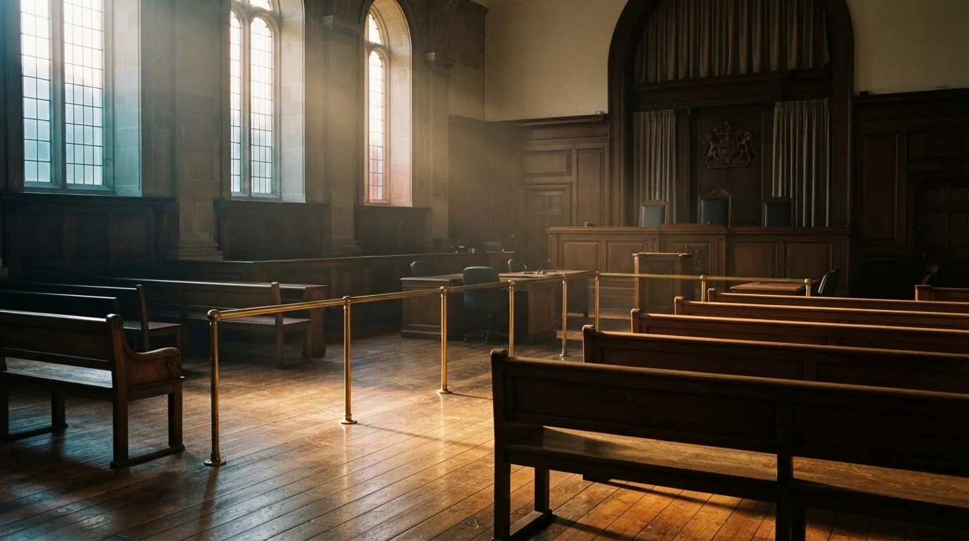 An empty courtroom with wooden benches in morning light