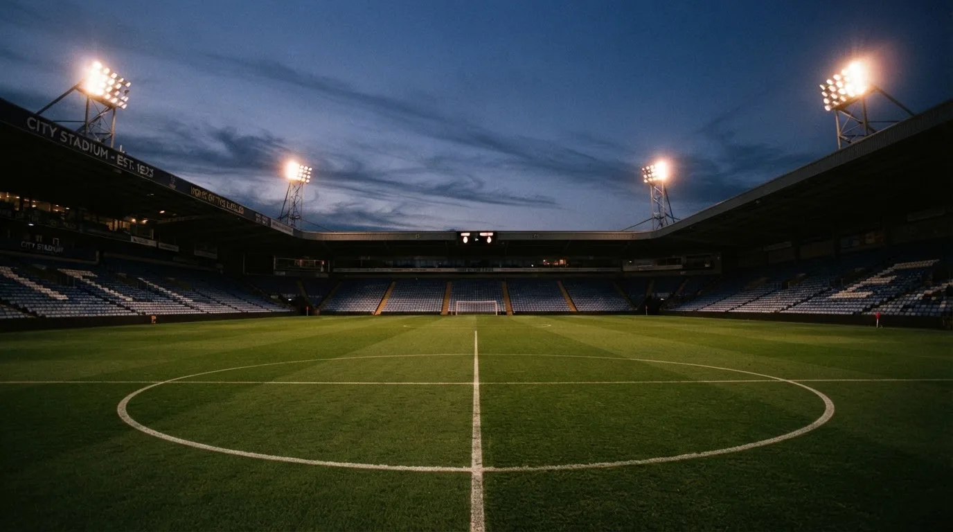 An empty football stadium with floodlight masts at dusk