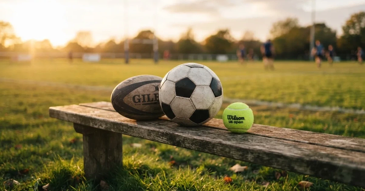Three balls of different kinds side by side on a wooden bench