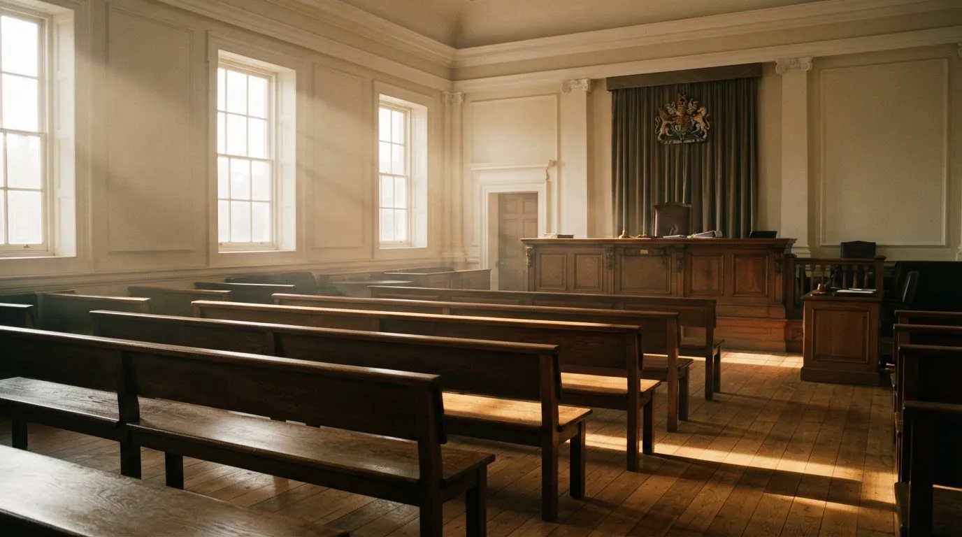 An empty courtroom with wooden benches in morning light