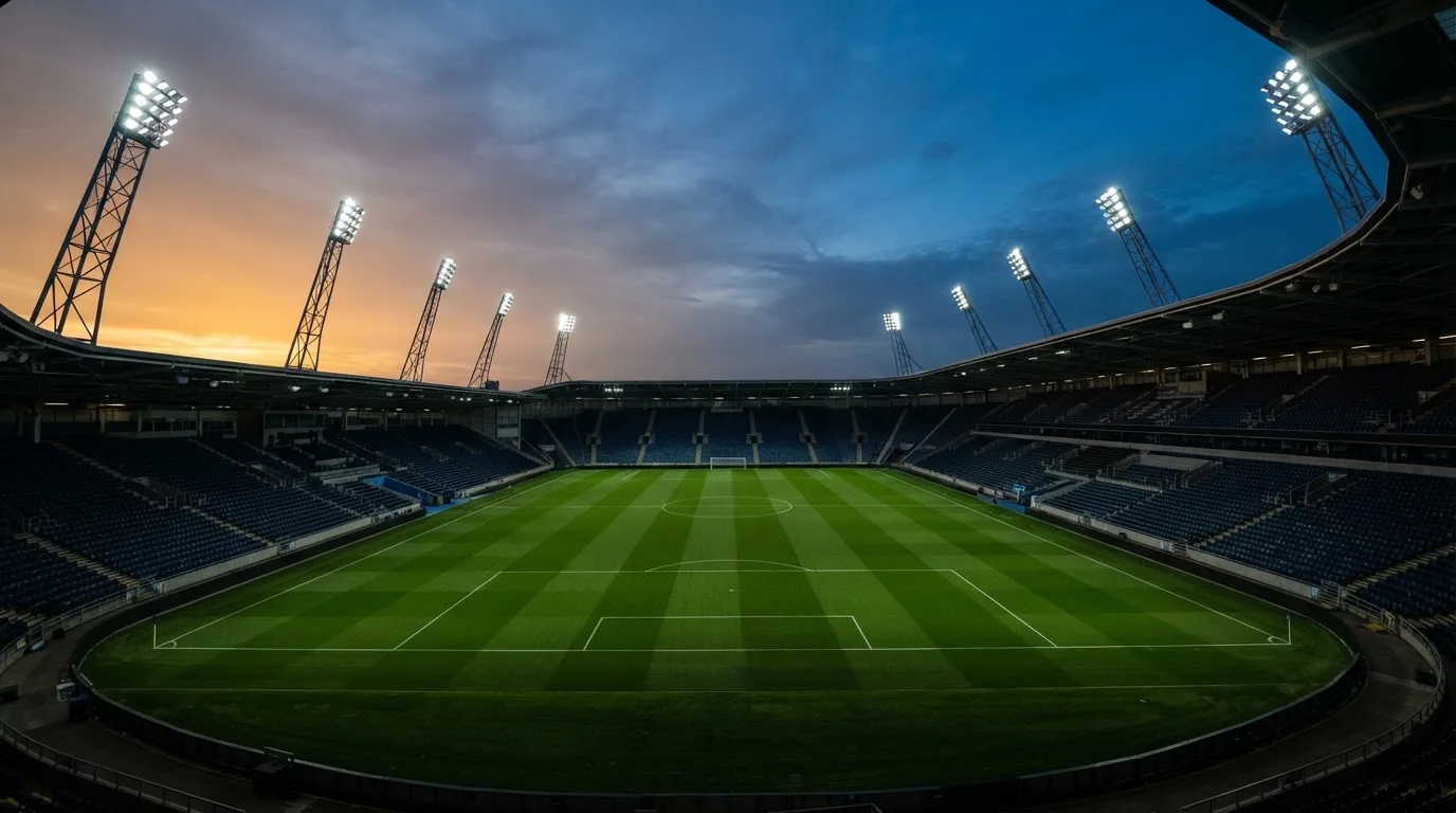 An empty football stadium with floodlight masts at dusk