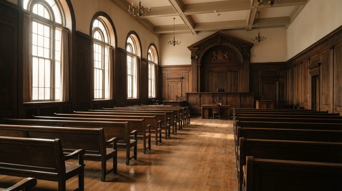 An empty courtroom with wooden benches in morning light