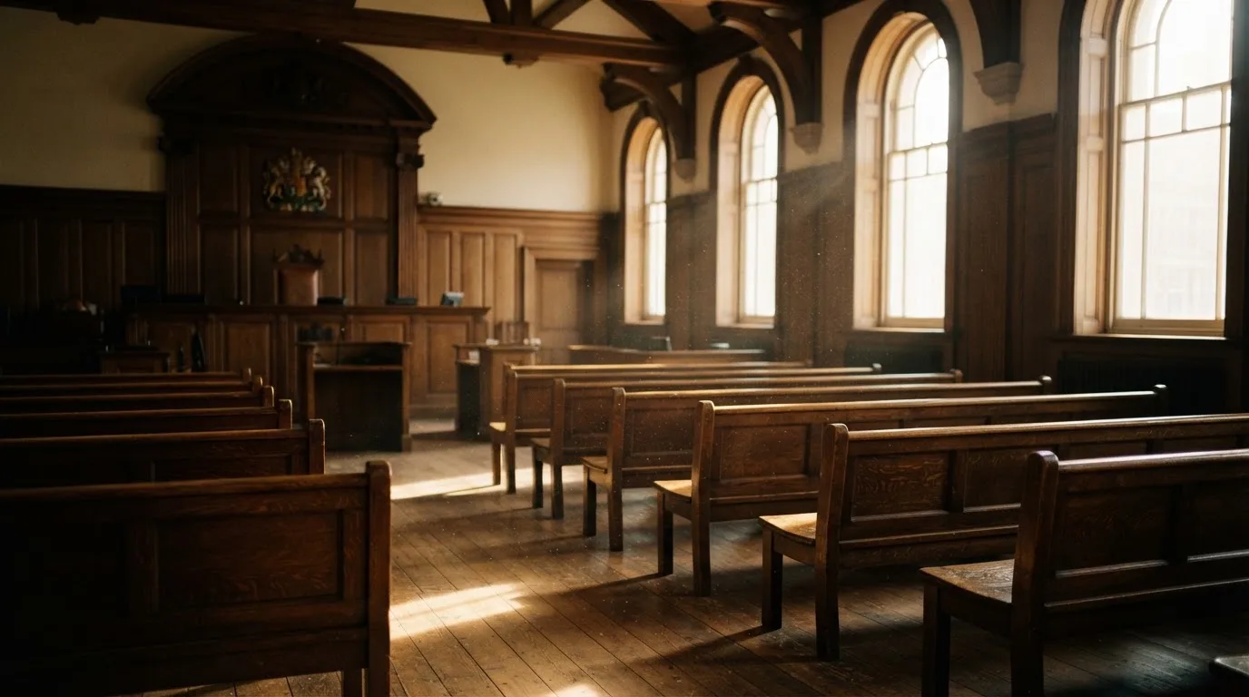 An empty courtroom with wooden benches in morning light