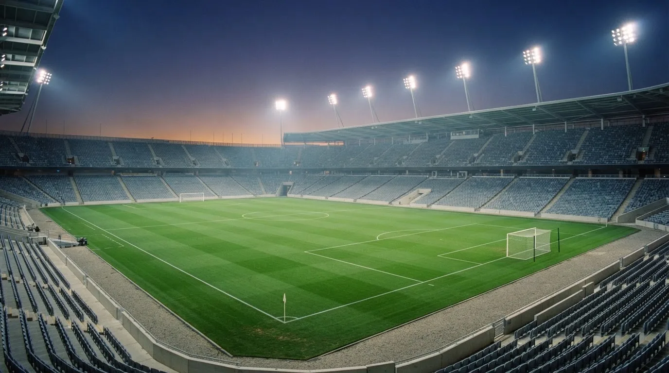 An empty football stadium with floodlight masts at dusk