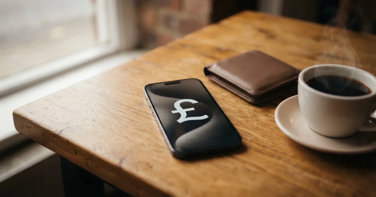 A smartphone on a wooden table beside a wallet and a coffee cup