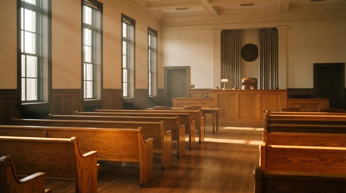 An empty courtroom with wooden benches in morning light