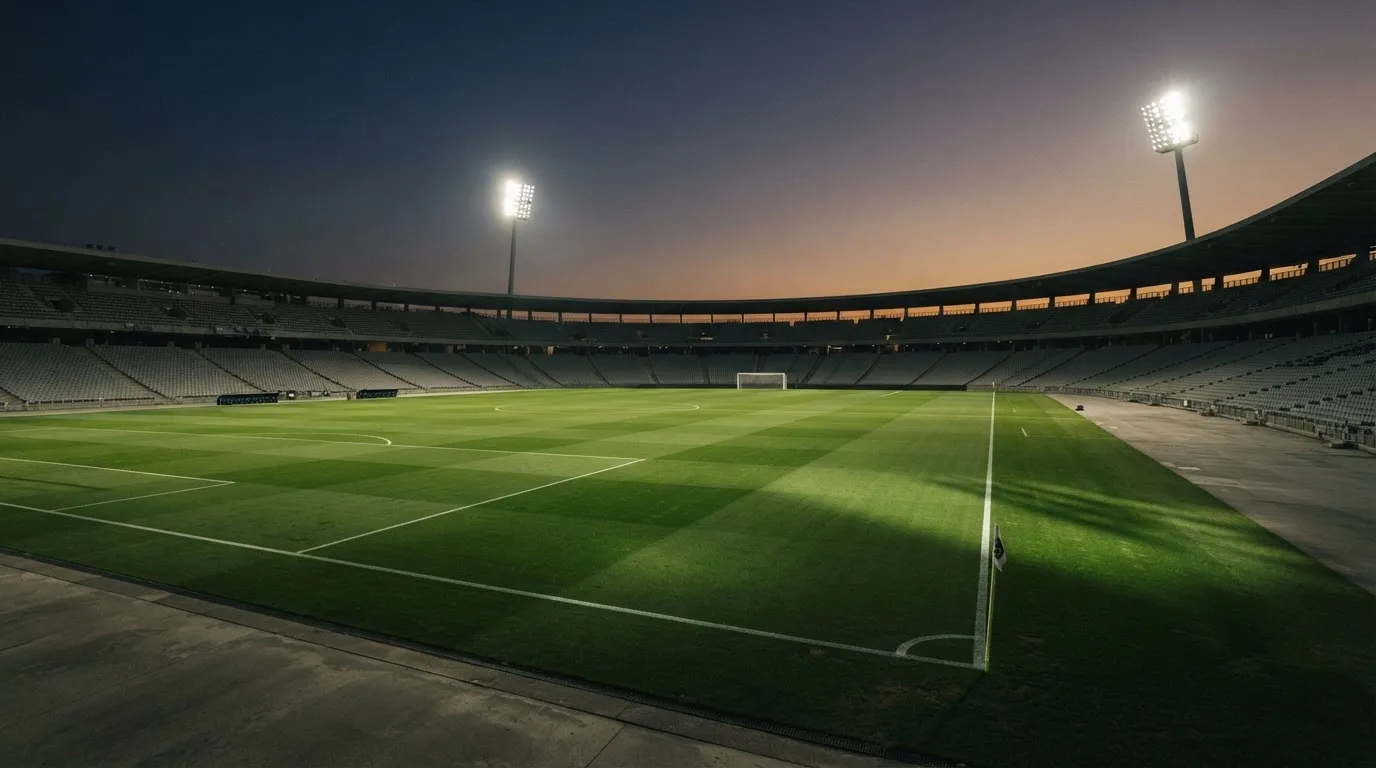 An empty football stadium with floodlight masts at dusk