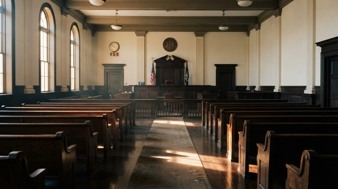 An empty courtroom with wooden benches in morning light